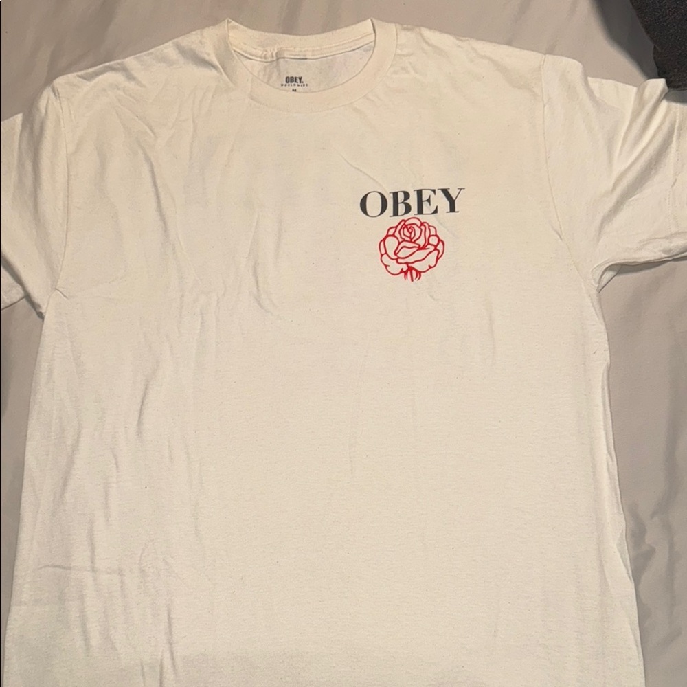 Obey White T-Shirt with Red Rose Graphic